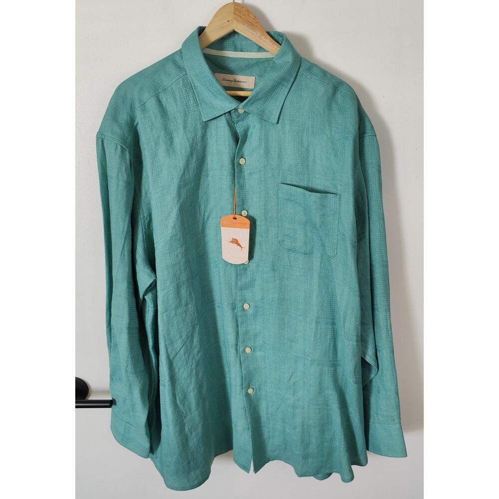Tommy Bahama Shirt Mens XXL Blue Sea Glass Breezer Long Sleeve Linen Beach New